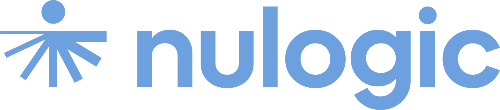 nulogic wordmark and vitruvian man logo in blue